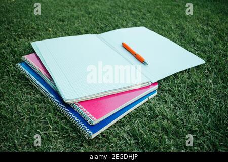 colored notebooks open on the grass Stock Photo