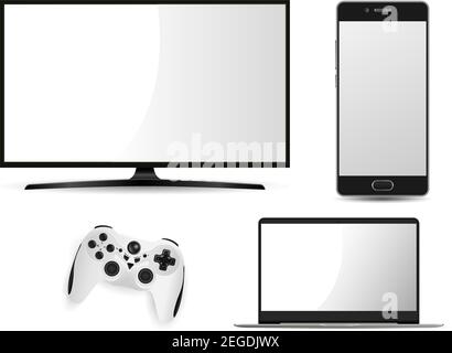 Television, game control, laptop, smartphone mockup. Vector flat smart tv screen. Realistic led notebook pc portable computer. Cell telephone template Stock Vector
