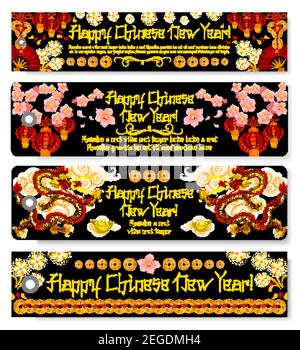 Happy Chinese New Year greeting tags of golden coins ornament and traditional Chinese dragons in cherry blossom flowers. Vector China holiday celebrat Stock Vector