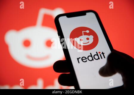 LONDON, UK - February 2021: Reddit logo displayed on a smartphone device Stock Photo