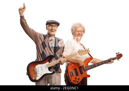 Elderly man and woman with electric guitars isolated on white background Stock Photo