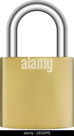 Padlock isolated. Realistic golden metal lock. Vector illustration. Silver steel hook secure mechanism in positionlock. Privacy access protection with Stock Vector