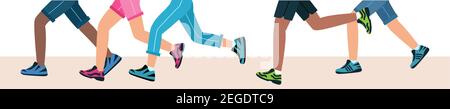 Legs of people group walking in shoes. Group of people running a marathon, feet in sports shoes. Men and women run in training. vector illustration in Stock Vector