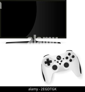 Black Tv Monitor. Vector Flat Television Screen with Gamepad Controller. Videogame Challenge Console. Modern Lcd Plasma on Stand with Joystick isolate Stock Vector