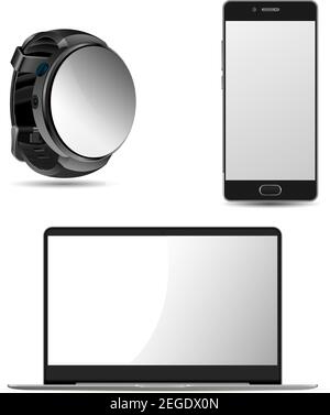laptop Mockup. Smart Watch Blank. Cell Phone Design with Touch Display Interface. Mobile Technology for Business Advertising. Front Screen Portable No Stock Vector