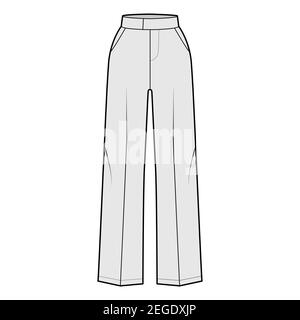 Pants tailored technical fashion illustration with extended normal waist, high rise, full length, slant slashed pockets. Flat trousers apparel template front, grey color. Women men unisex CAD mockup Stock Vector