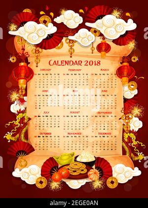 Chinese New Year calendar with Lunar holiday oriental symbols. Year calendar template on parchment scroll with frame of red lantern, dragon, fortune c Stock Vector