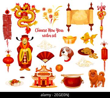 Chinese New Year holiday symbol set of Spring Festival celebration. Red lantern, firecracker and knot ornament with fortune coin, dragon, dog, gold in Stock Vector