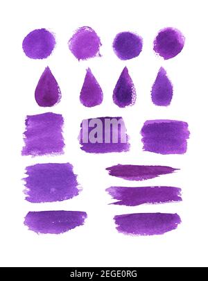 Watercolor brush stroke set. Violet paint brushstroke, round stain and drop shaped splatter with grunge texture for art themes design Stock Vector