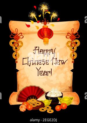 Happy Chinese New Year greeting card of golden coins decoration and fireworks on paper scroll. Vector hieroglyphs on red lantern, dumplings and tanger Stock Vector