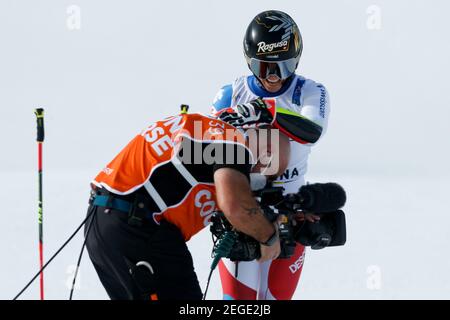 2/18/2021 - Lara Gut Behrami (SUI) celebrates the victory during 2021 FIS Alpine World SKI Championships - Giant Slalom - Women, alpine ski race in Cortina (BL), Italy, February 18 2021 (Photo by IPA/Sipa USA) Credit: Sipa USA/Alamy Live News Stock Photo