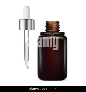 Eye dropper serum bottle mockup. Brown glass container for face care moisture liquid. Pipette with clear essential oil bubble drop. Premium liquid pac Stock Vector