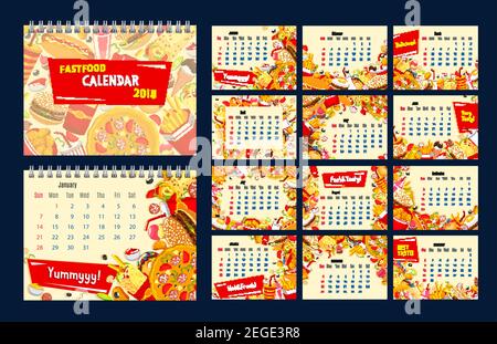 Fast food 2018 year calendar template. Monthly calendar with frame of fast food hamburger and hot dog sandwich, french fries, pizza and soda, chicken Stock Vector