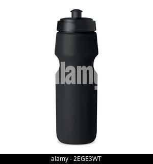 Sport bottle. Water flask vector mockup. Black plastic container with cap for branding. Reusable bicycle tin for fitness, training, workout. camping, Stock Vector