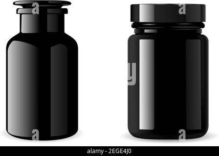 Black supplement bottle. Glossy Medicine jar mockup. 3d vector packaging for tablet, vitamin. Pill container isolated on white background. Medical gla Stock Vector