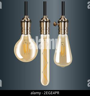 Vintage lamp set. Edison bulb in decorative antique holder. Variety lightbulb on electricity cable for decorative ceiling concept for industrial or gr Stock Vector