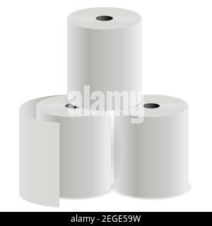 Toilet paper roll. Thermal register print cylinder. Cashier check tube mockup. Kitchen towel for household. White hygienic tissue blank. Supermarket c Stock Vector
