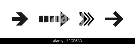 black right arrows set. Flat icon isolated on white. Continue icon. Next, enter, swipe, scroll button. East arrow. Geometric style Stock Vector