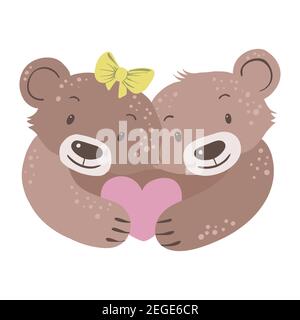 Two teddy bears with big heart in their paws isolated on a white background. Teddy bears isolated on a white background. Stock Vector