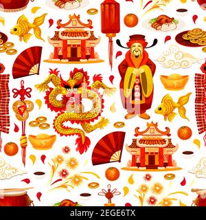 Chinese lunar New Year holiday traditional symbols seamless pattern. Vector background of golden China decorations and ornaments of dragon, fish or co Stock Vector