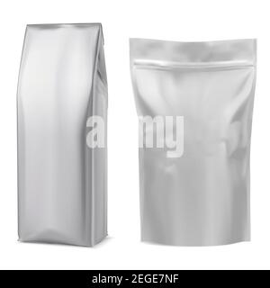 Foil coffee bag mockup. White pouch. 3d package mock up design template. Gray tea sack. Realistic powder beverage paper box. Dry drink silver packet. Stock Vector