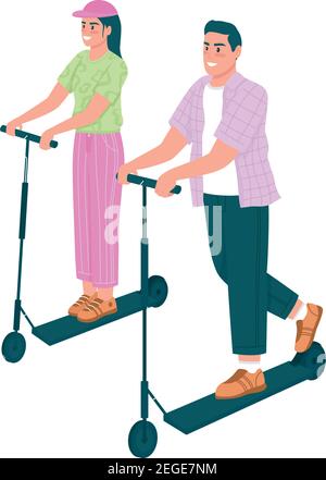 Happy man and woman riding electric scooters flat color vector detailed characters Stock Vector