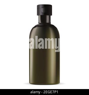 Medical serum bottle. Essential oil flask design. Organic herbal aromatherapy green glass jar. Pharmacy vial blank template with plastic screw cap for Stock Vector