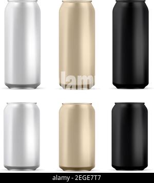 Aluminum can mockup. Beer or soda drink package. Aluminium pack blank mock up, isolated on background. 330 and 500 ml metal tin for cold alcohol or ju Stock Vector