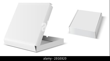 Pizza box mockup. Paper package template design. Restaurant product delivery container. Open and closed cardboard in 3d perspective, isolated. Realist Stock Vector