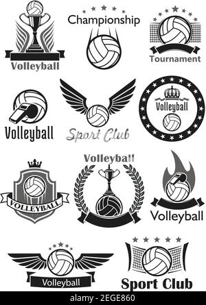 Volleyball vector icons set of sport club balls, game tournament winner cup award, victory laurel wreath and crown. Team championship or contest emble Stock Vector