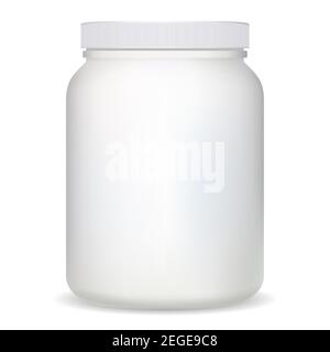 Protein jar. White plastic supplement bottle vector blank. Whey