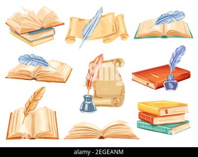 Vintage book with feather pen watercolor set. Open old book, antique paper scroll and parchment, quill pen and ink hand drawn illustration for ancient Stock Vector