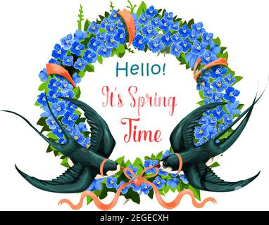 Hello spring icon of floral wreath and swallows with ribbons for seasonal spring holiday greeting card. Vector isolated symbol of crocuses blossoms an Stock Vector