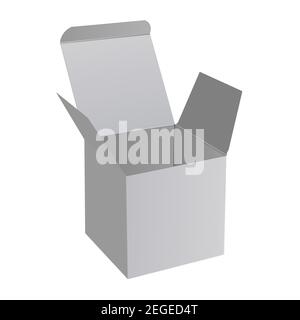 Open box. 3d square paper mockup. Gift surprise package design. Carton mail container for shipping and transportation. Cardboard merchandise pack. Gra Stock Vector