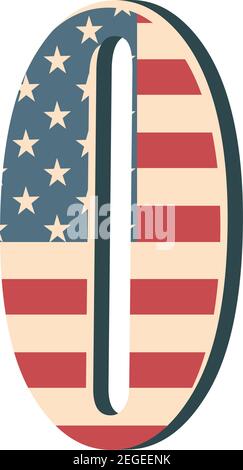 Capital 3d number zero with american flag texture isolated on white background. Vector illustration. Element for design. Kids alphabet. USA flag patri Stock Vector