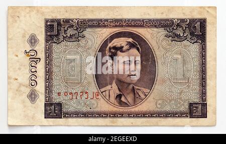 Old Burmese Bank Note - One Kyat Stock Photo