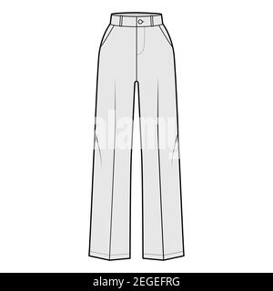 Pants tailored technical fashion illustration with normal waist, high rise, full length, slant, flap pockets. Flat bottom trousers apparel template front, grey color. Women men unisex CAD mockup Stock Vector