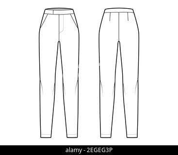 Pants cigarette technical fashion illustration with extended normal low  waist, high rise, full length, slant slashed pockets. Flat trousers apparel  template front back grey color. Women men CAD mockup Stock Vector Image