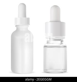 Serum dropper vial. Cosmetic aroma oil bottle. Anti aging care liquid glass pot mockup design. Medical flask with eyedropper for natural collagen trea Stock Vector