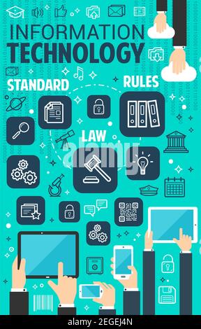 Digital information and internet technology poster. Vector flat design of cloud data or web networking services and data sharing in internet innovatio Stock Vector