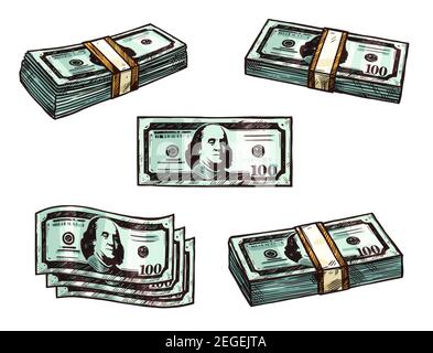 Dollar banknotes bundles sketch icons. Vector set of 100 dollars money bound in piles or bank notes cash packs for banking or finance and currency exc Stock Vector