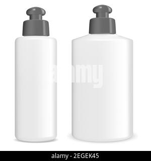 Cosmetic lotion 3d blank. Shampoo bottle package mockup. Gel tube template. Body milk beauty container. Realistic shiny pack. Bath shower perfume pack Stock Vector