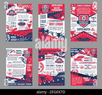 Soccer league match of football college team cup championship posters. Vector design of ball goal on arena stadium, victory cup and winner laurel star Stock Vector