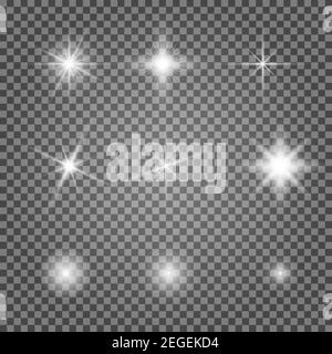 Light flare vector effect set. Flash lihgtning star isolated on transparent background. Shiny starlight spark on lens. Collection of magic christmas t