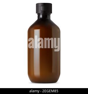 Brown glass pharmacy bottle. Medical syrup vial. Liquid drug realistic amber container with screw cap. Translucent medicine flacon for cure. 3d design Stock Vector