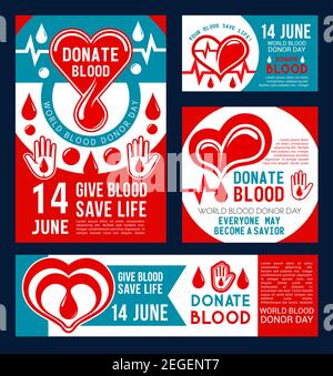 Donate Blood banner set for transfusion medical center template. Drop of donation blood with red heart, helping hand and heartbeat line promo card for Stock Vector