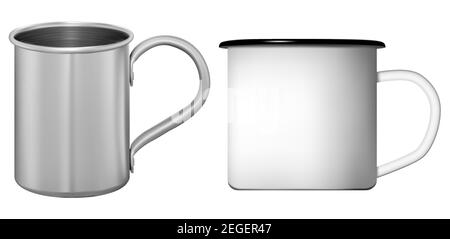 Metal cup. White and silver coffee or tea mug set. Stainless steel flask template with retro design. Ceramic teacup mockup with handle, photorealistic Stock Vector