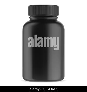 Black supplement bottle. Vitamin pill container vector template. Glossy plastic packaging mockup 3d design. Big medicament capsule jar for pharmacy. B Stock Vector