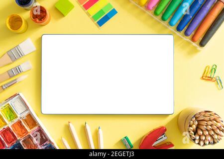 Online drawing class concept - supplies on bright background Stock Photo