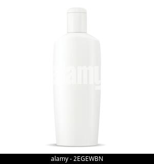 Shampoo bottle. White plastic cosmetic package mockup. Oval design tube with cap for liquid body milk. Skin cream container realistic 3d illustration. Stock Vector